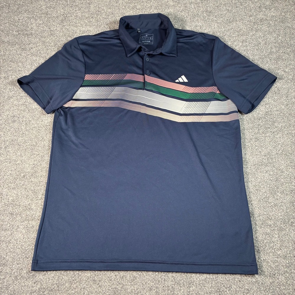 Adidas Golf Polo Shirt Mens M Navy Blue Chevron Stripe Performance Short Sleeve